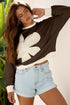 Raw Edge Flower Patch Drop Shoulder Contrast Rib Crewneck Long Sleeve Top